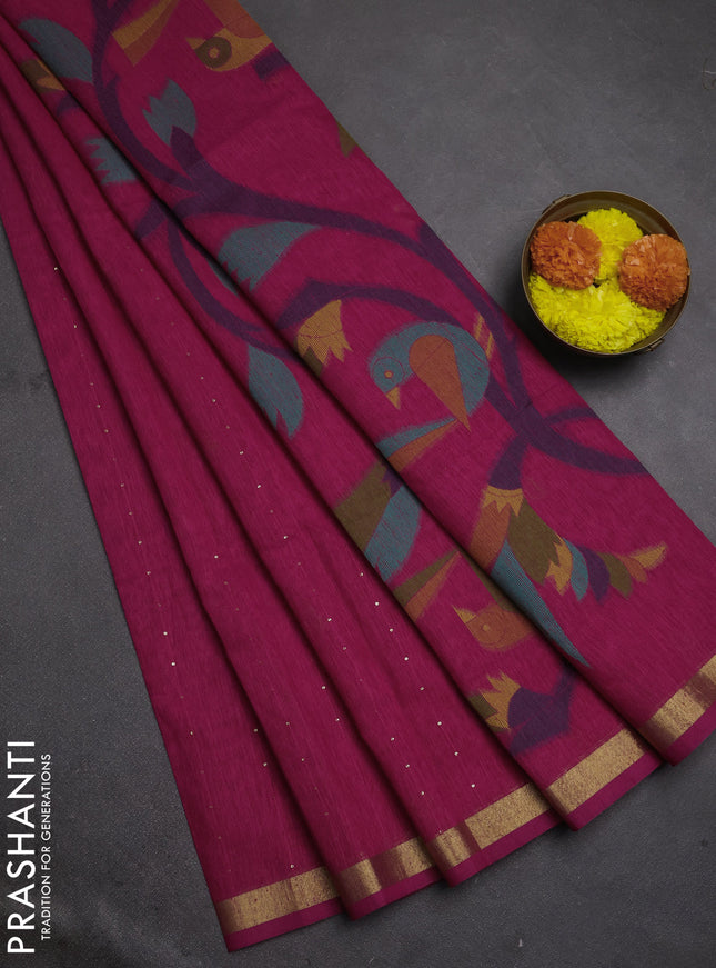 Jute silk saree pink with allover sequin work and jamdhani pallu