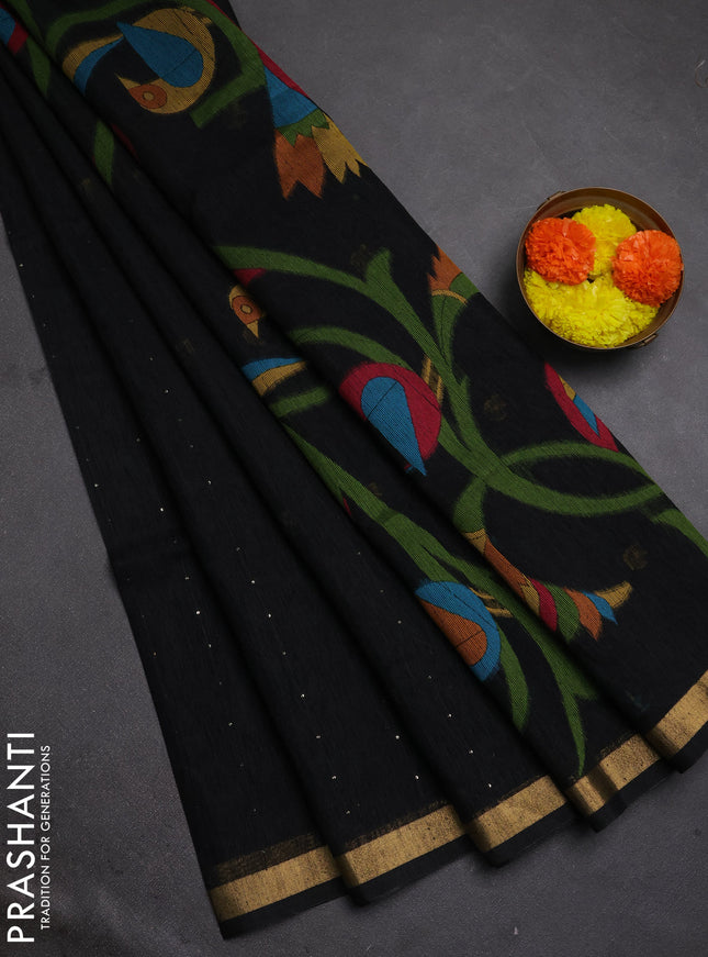 Jute silk saree black with allover sequin work and jamdhani pallu