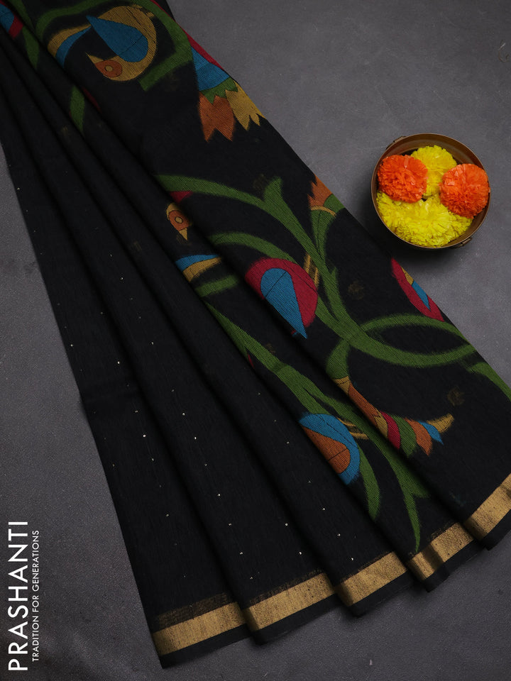 Jute silk saree black with allover sequin work and jamdhani pallu