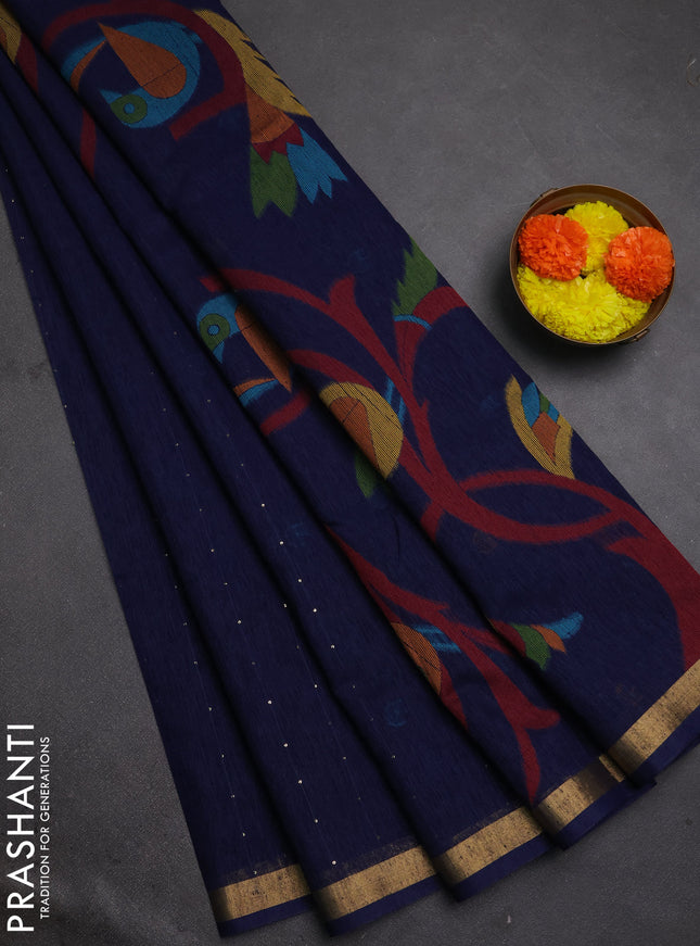 Jute silk saree navy blue with allover sequin work and jamdhani pallu
