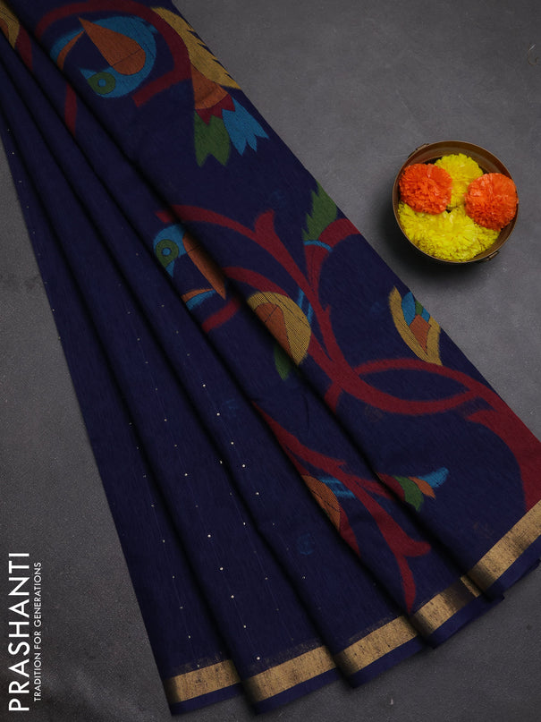 Jute silk saree navy blue with allover sequin work and jamdhani pallu