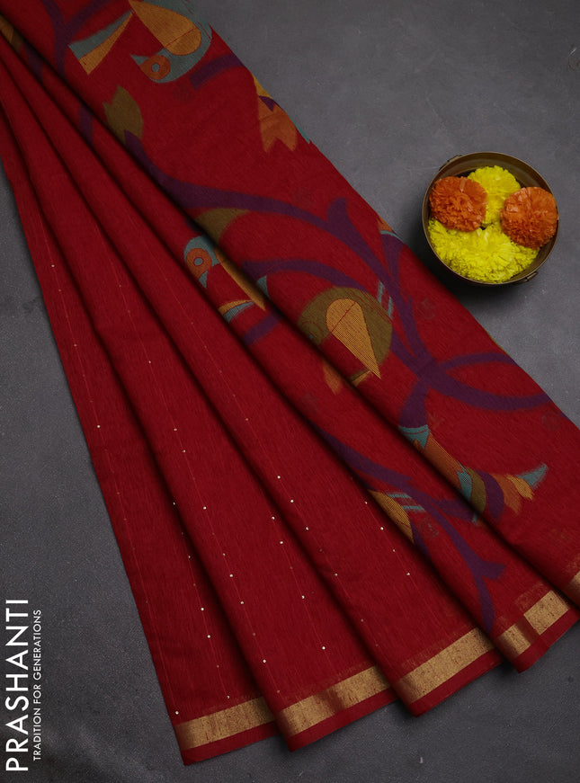 Jute silk saree red with allover sequin work and jamdhani pallu