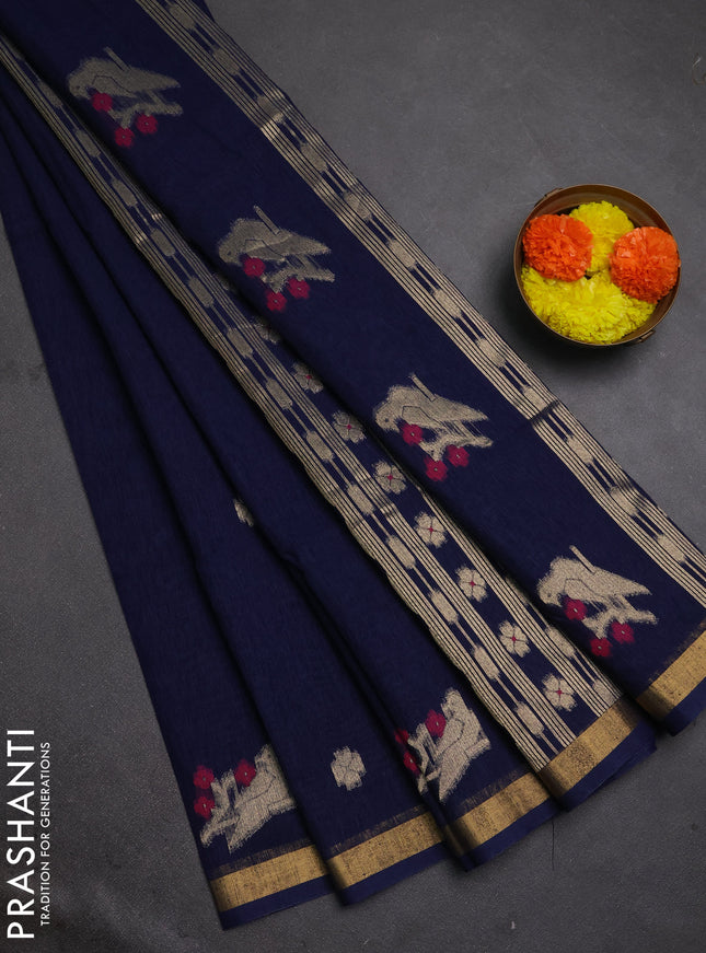 Jute silk saree navy blue with allover thread & zari woven buttas and zari woven border