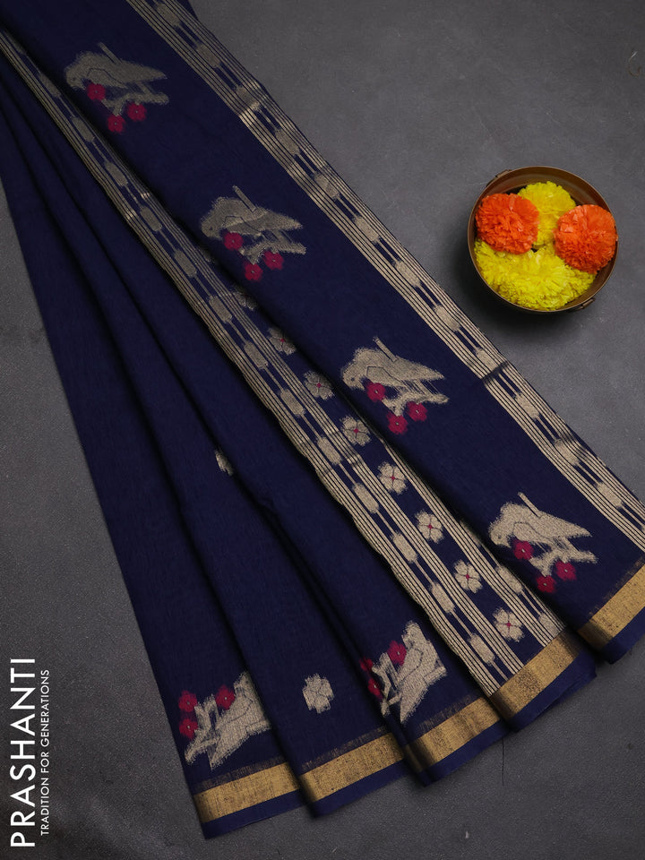 Jute silk saree navy blue with allover thread & zari woven buttas and zari woven border