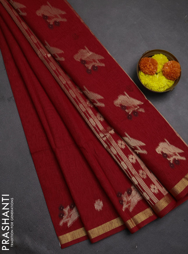Jute silk saree red with allover thread & zari woven buttas and zari woven border