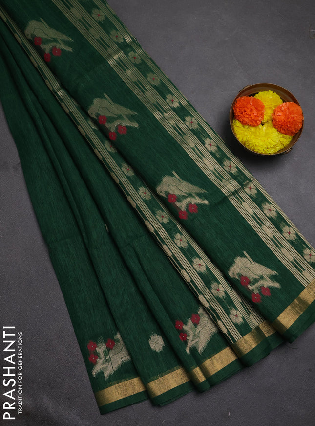 Jute silk saree bottle green with allover thread & zari woven buttas and zari woven border