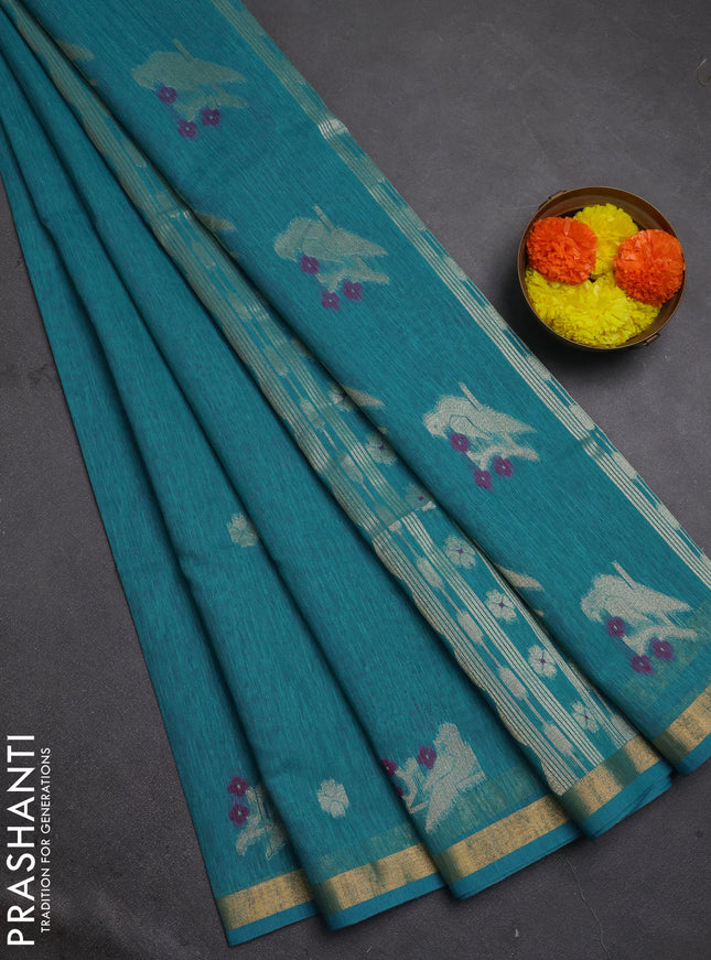 Jute silk saree teal blue with allover thread & zari woven buttas and zari woven border