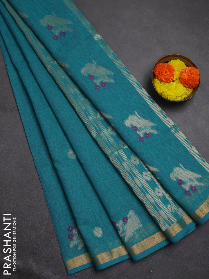 Jute silk saree teal blue with allover thread & zari woven buttas and zari woven border