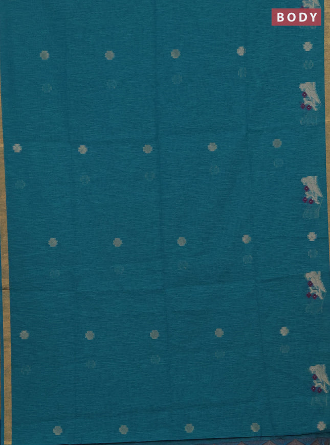 Jute silk saree teal blue with allover thread & zari woven buttas and zari woven border