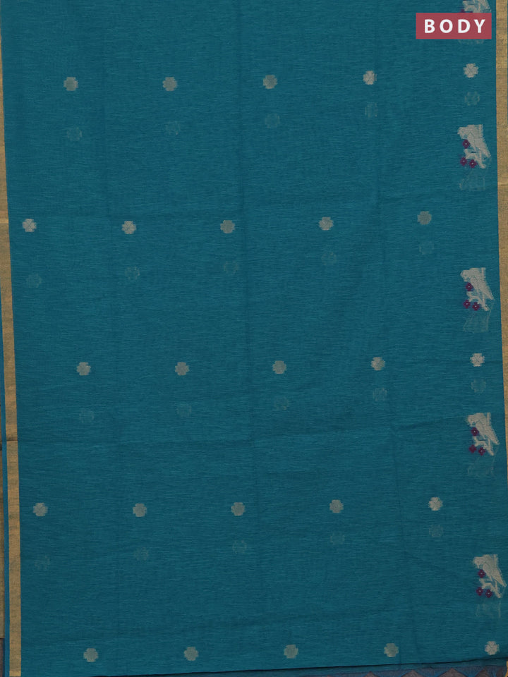 Jute silk saree teal blue with allover thread & zari woven buttas and zari woven border