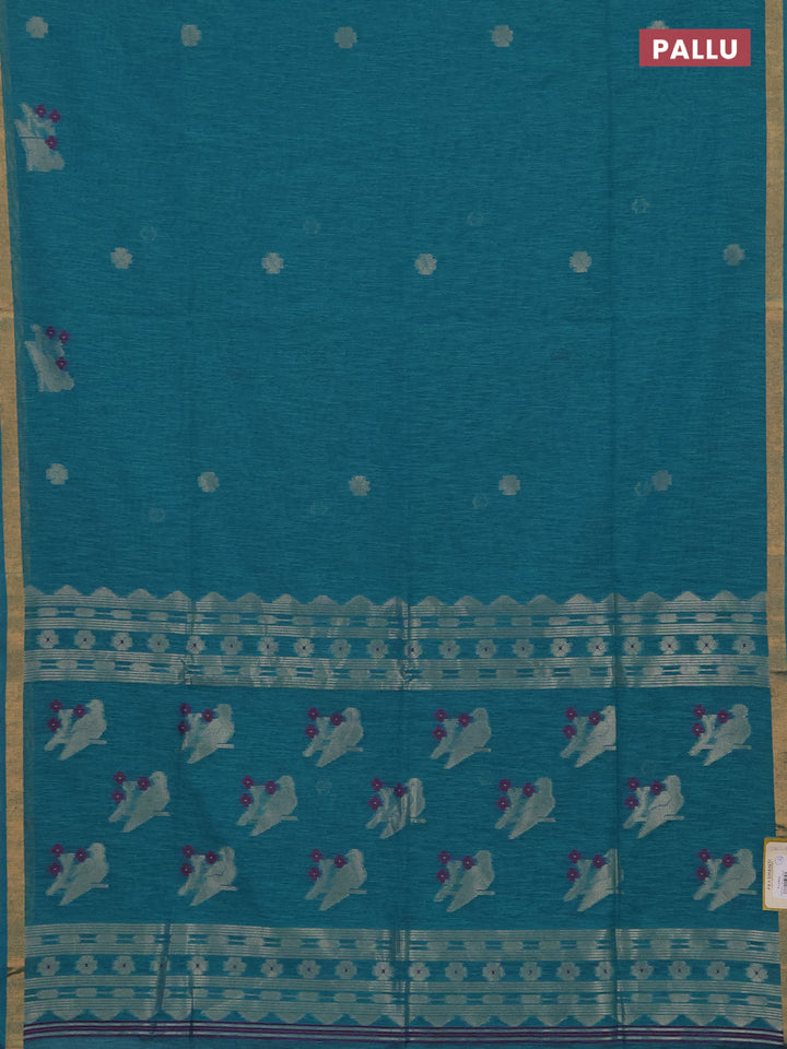 Jute silk saree teal blue with allover thread & zari woven buttas and zari woven border