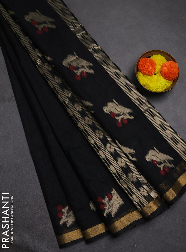 Jute silk saree black with allover thread & zari woven buttas and zari woven border