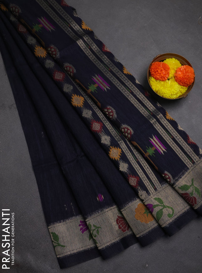 Jute silk saree navy blue with thread & zari woven buttas and jamdhani pallu
