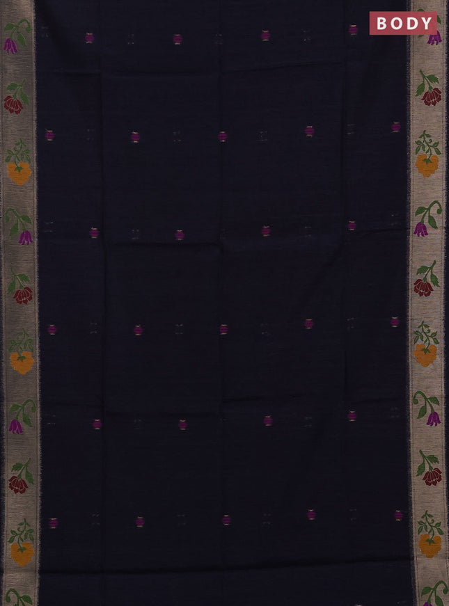 Jute silk saree navy blue with thread & zari woven buttas and jamdhani pallu