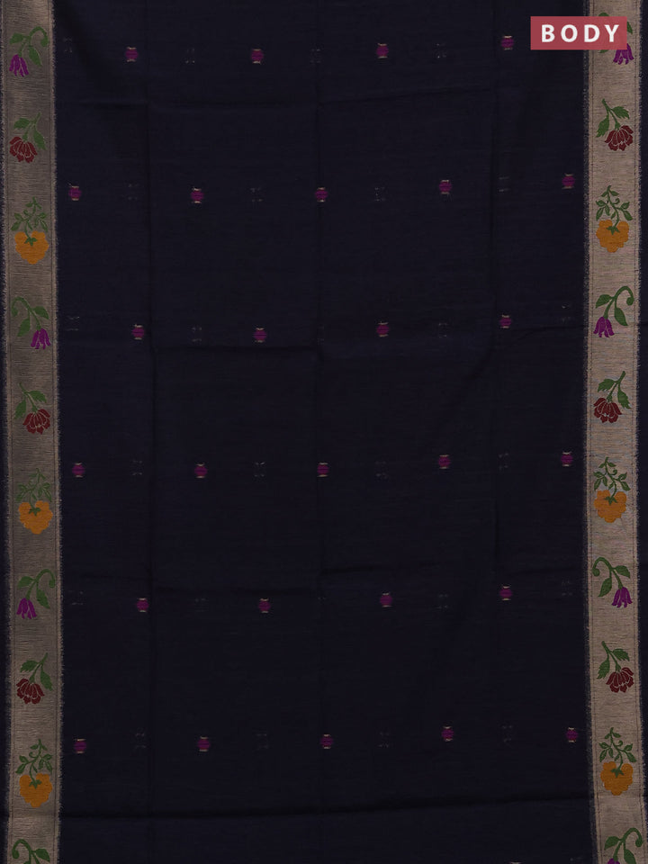 Jute silk saree navy blue with thread & zari woven buttas and jamdhani pallu