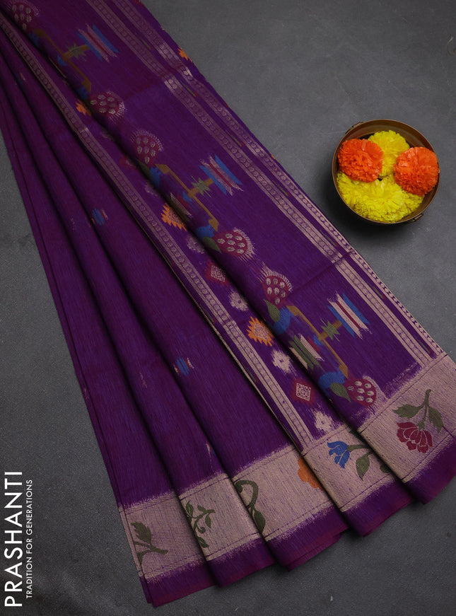 Jute silk saree purple with thread & zari woven buttas and jamdhani pallu