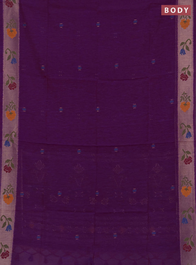 Jute silk saree purple with thread & zari woven buttas and jamdhani pallu