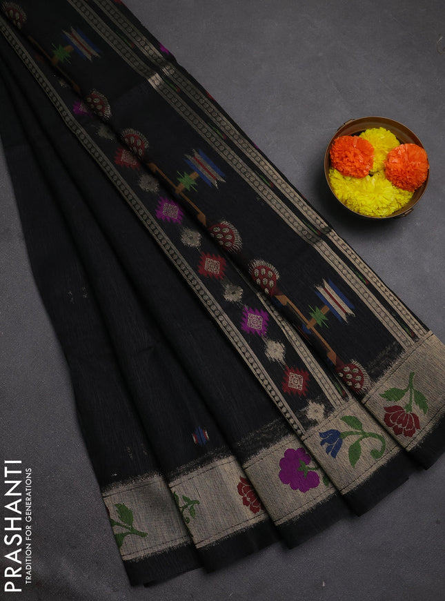 Jute silk saree black with thread & zari woven buttas and jamdhani pallu