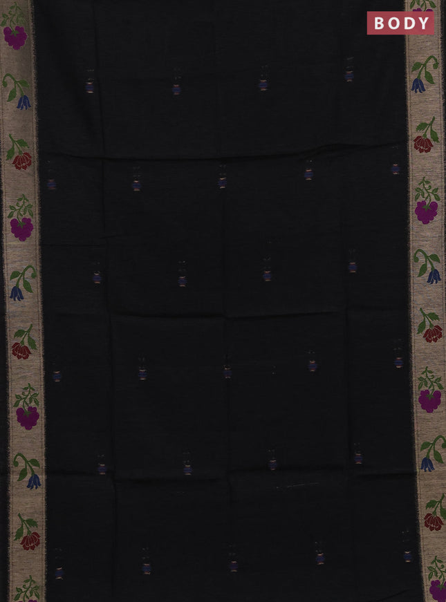 Jute silk saree black with thread & zari woven buttas and jamdhani pallu