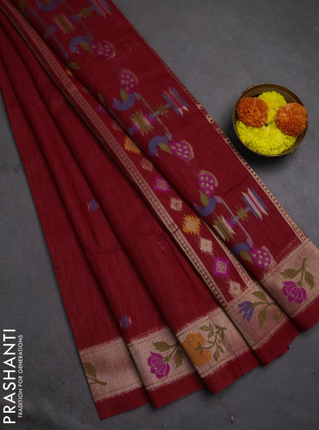 Jute silk saree red with thread & zari woven buttas and jamdhani pallu
