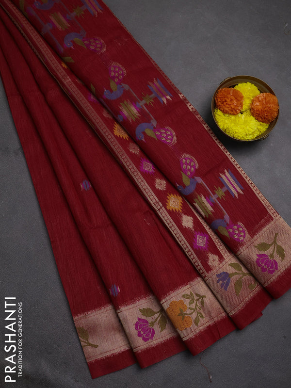 Jute silk saree red with thread & zari woven buttas and jamdhani pallu