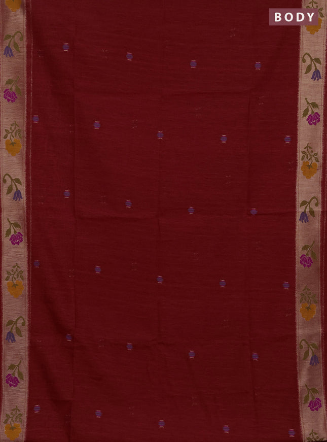 Jute silk saree red with thread & zari woven buttas and jamdhani pallu
