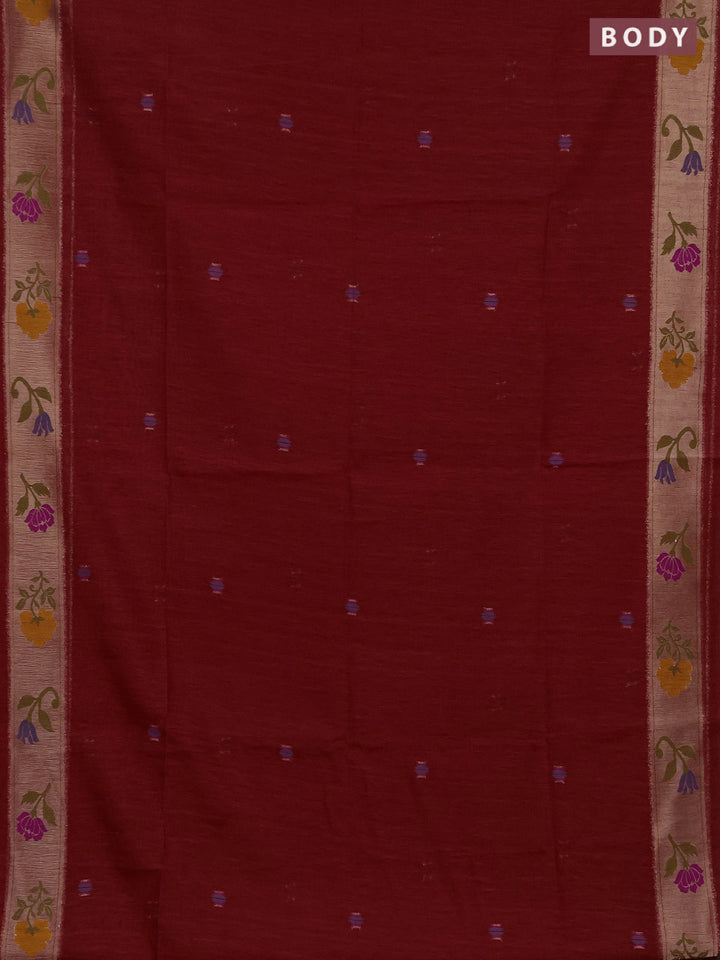 Jute silk saree red with thread & zari woven buttas and jamdhani pallu