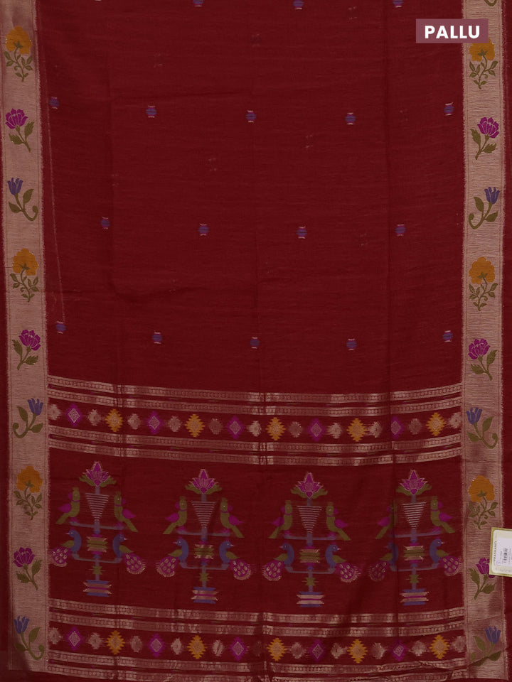 Jute silk saree red with thread & zari woven buttas and jamdhani pallu