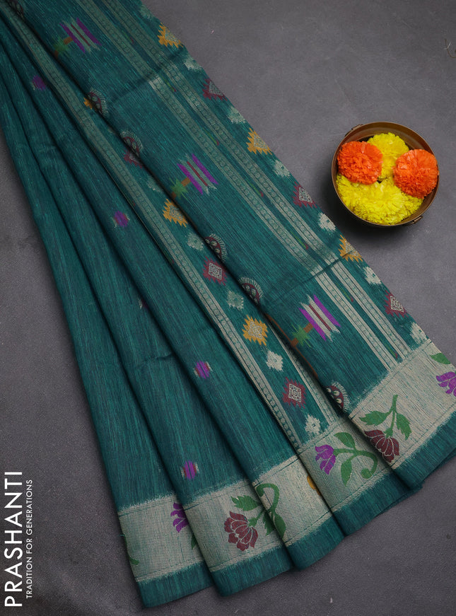 Jute silk saree peacock green with thread & zari woven buttas and jamdhani pallu