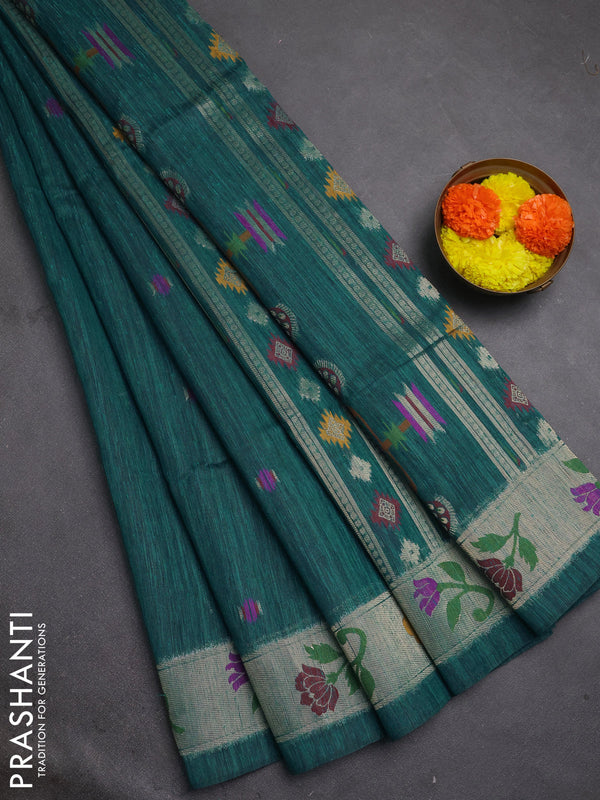 Jute silk saree peacock green with thread & zari woven buttas and jamdhani pallu