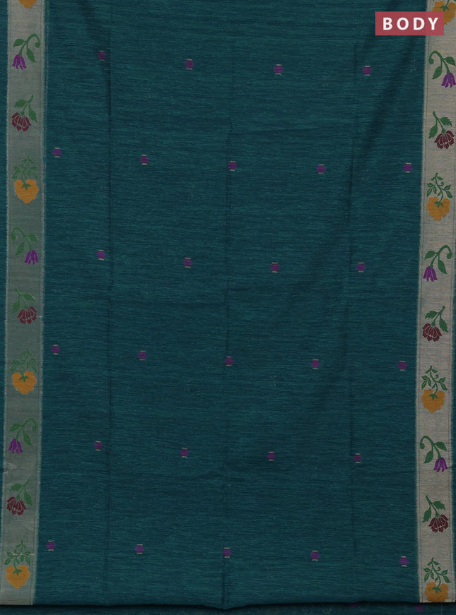 Jute silk saree peacock green with thread & zari woven buttas and jamdhani pallu