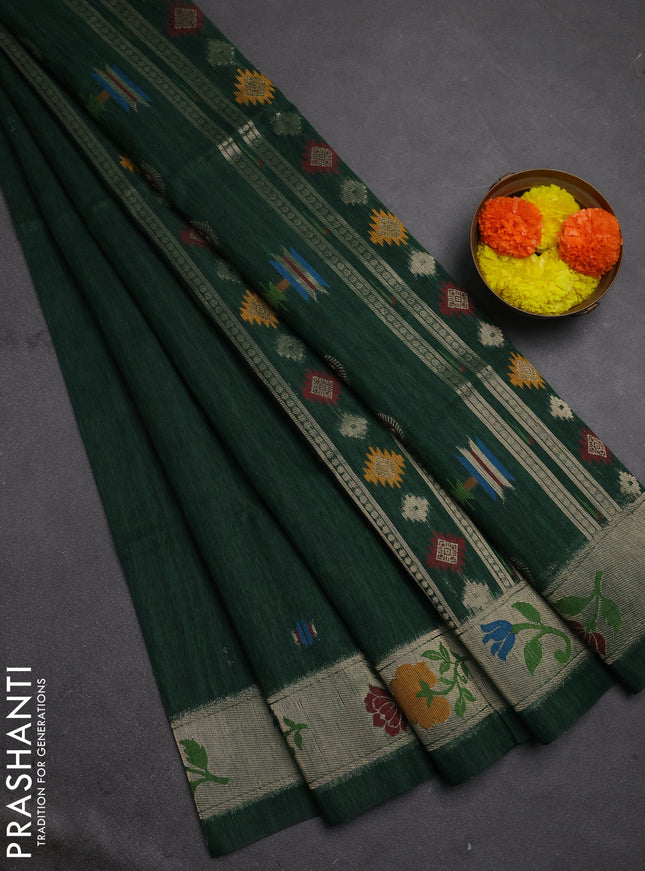 Jute silk saree bottle green with thread & zari woven buttas and jamdhani pallu