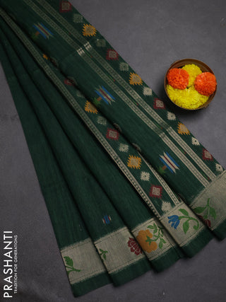 Jute silk saree bottle green with thread & zari woven buttas and jamdhani pallu