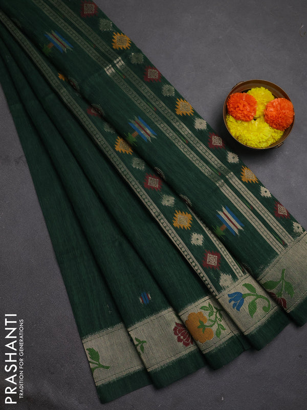 Jute silk saree bottle green with thread & zari woven buttas and jamdhani pallu
