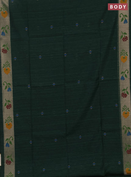 Jute silk saree bottle green with thread & zari woven buttas and jamdhani pallu