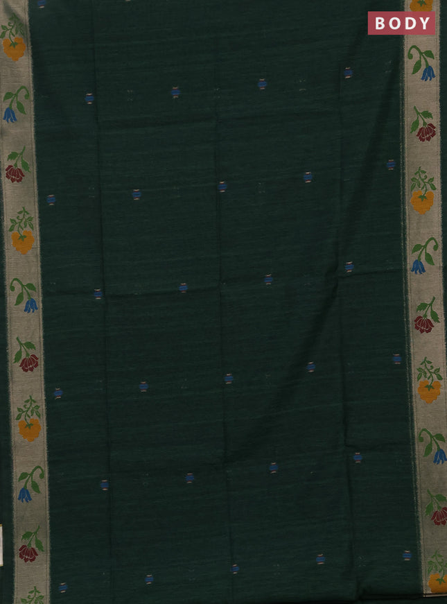 Jute silk saree bottle green with thread & zari woven buttas and jamdhani pallu