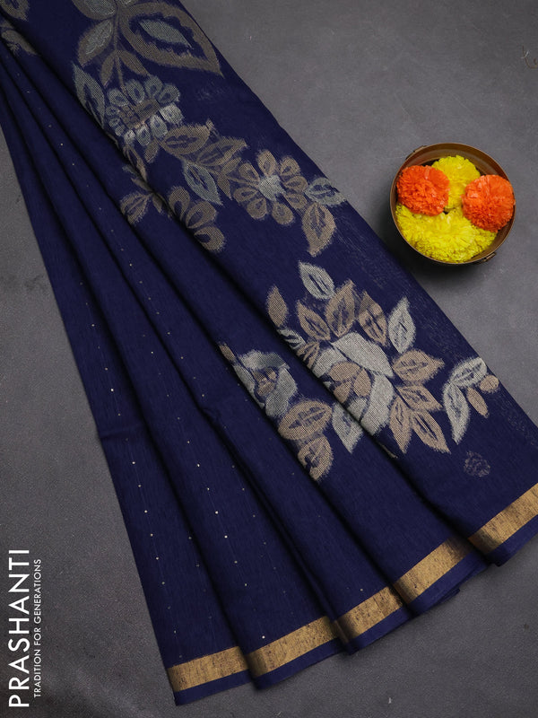Jute silk saree navy blue with allover sequin work and zari woven border