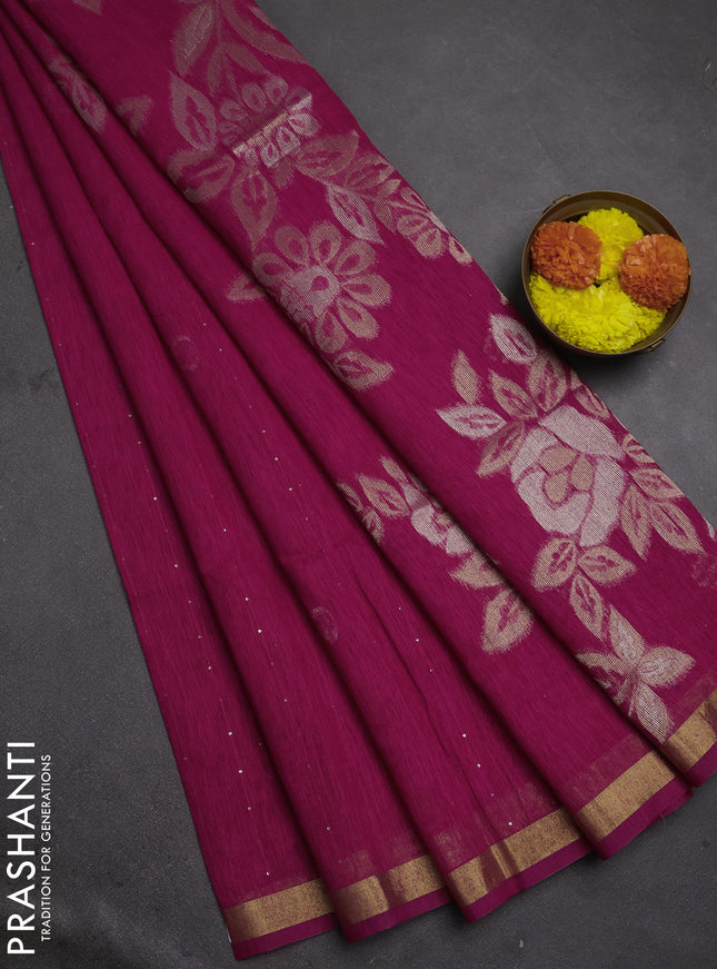 Jute silk saree dark pink with allover sequin work and zari woven border