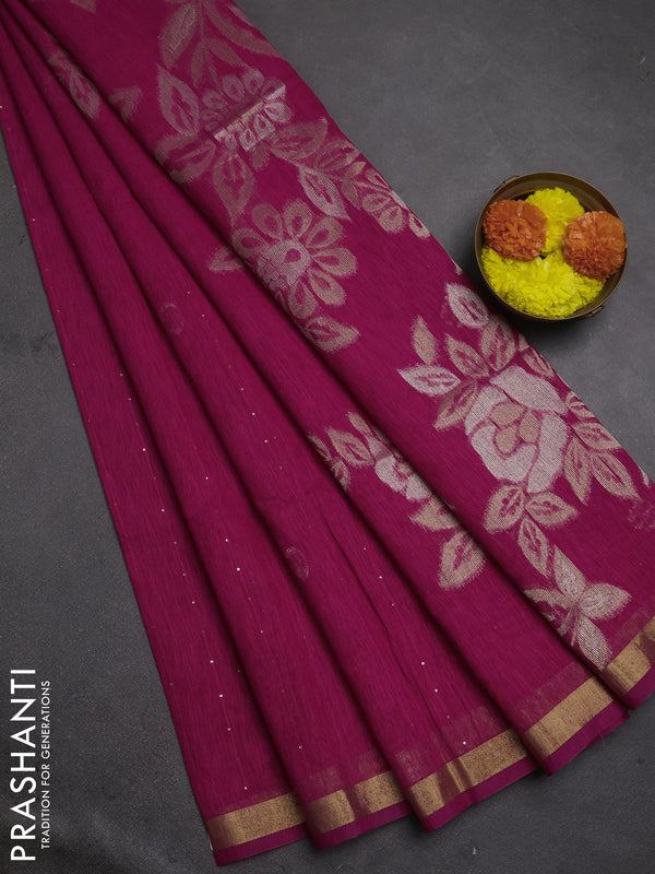 Jute silk saree dark pink with allover sequin work and zari woven border
