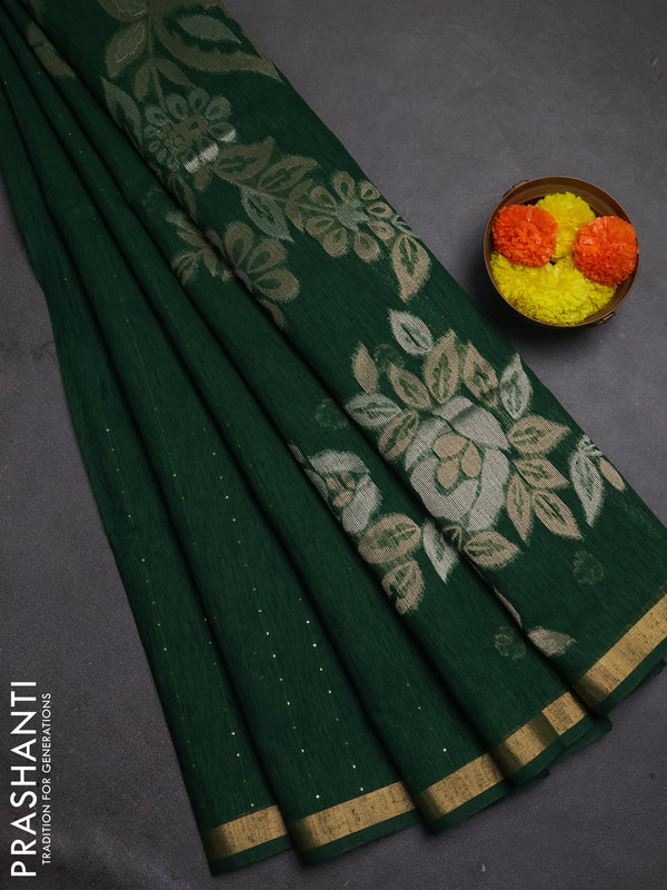 Jute silk saree bottle green with allover sequin work and zari woven border