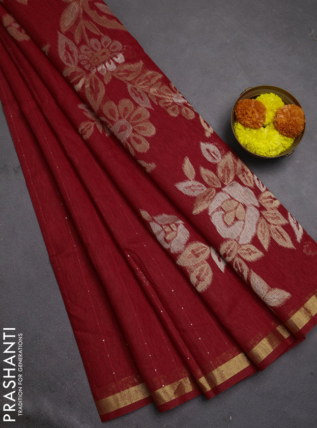 Jute silk saree red with allover sequin work and zari woven border