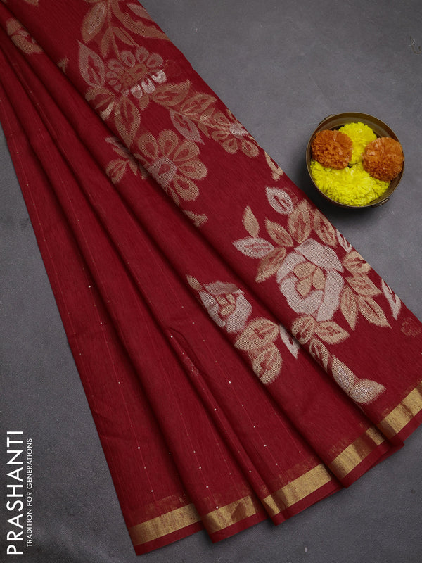 Jute silk saree red with allover sequin work and zari woven border