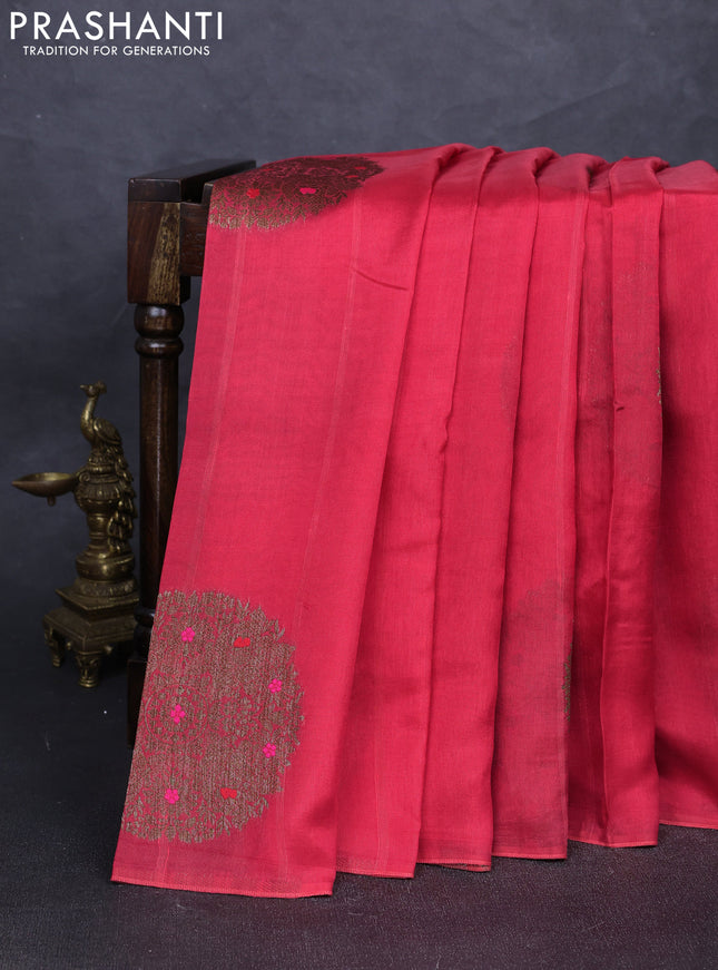 Banarasi semi tussar saree peach red with thread & zari woven buttas in borderless style