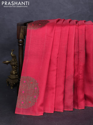 Banarasi semi tussar saree peach red with thread & zari woven buttas in borderless style