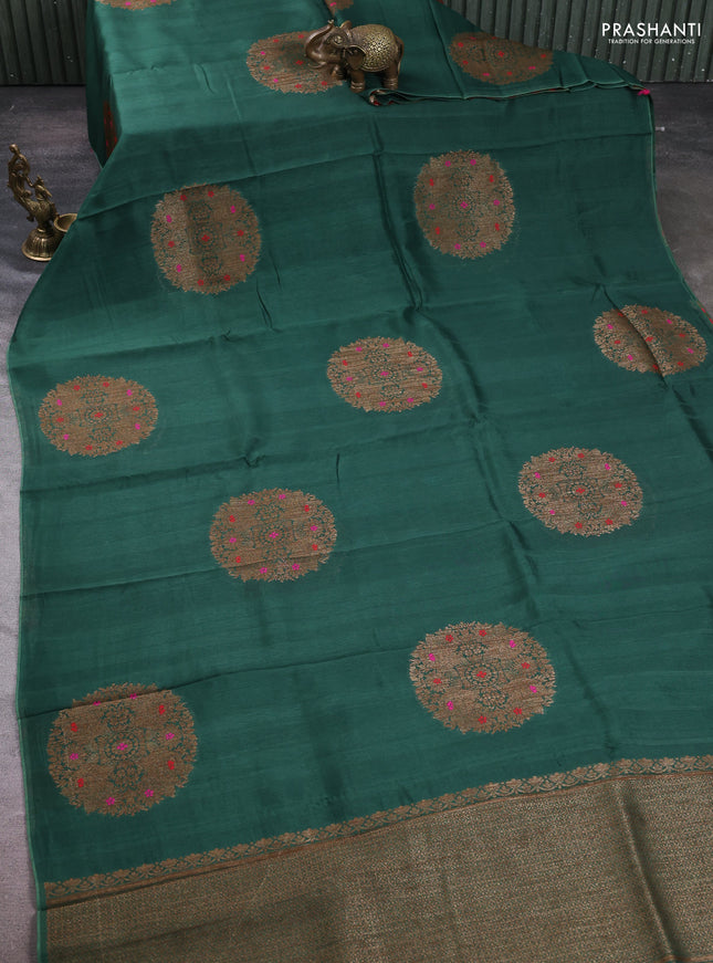Banarasi semi tussar saree green with thread & zari woven buttas in borderless style