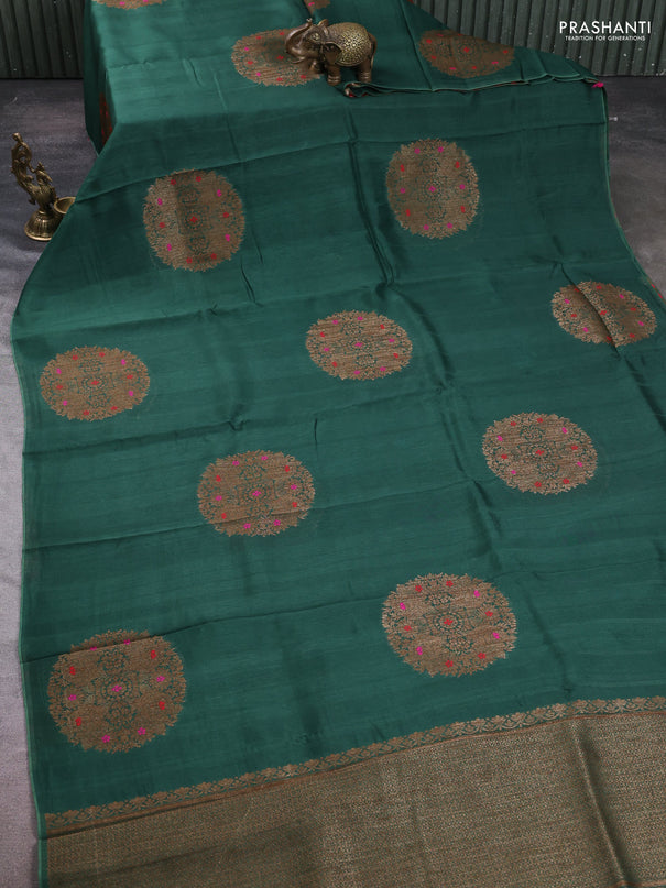Banarasi semi tussar saree green with thread & zari woven buttas in borderless style
