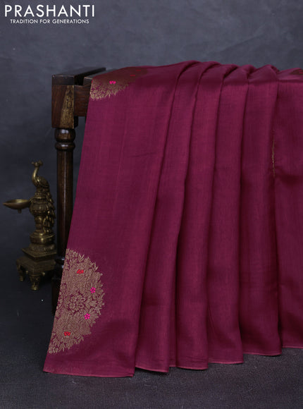Banarasi semi tussar saree wine shade with thread & zari woven buttas in borderless style