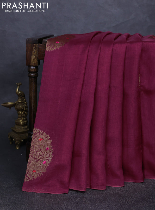 Banarasi semi tussar saree wine shade with thread & zari woven buttas in borderless style