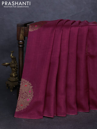 Banarasi semi tussar saree wine shade with thread & zari woven buttas in borderless style