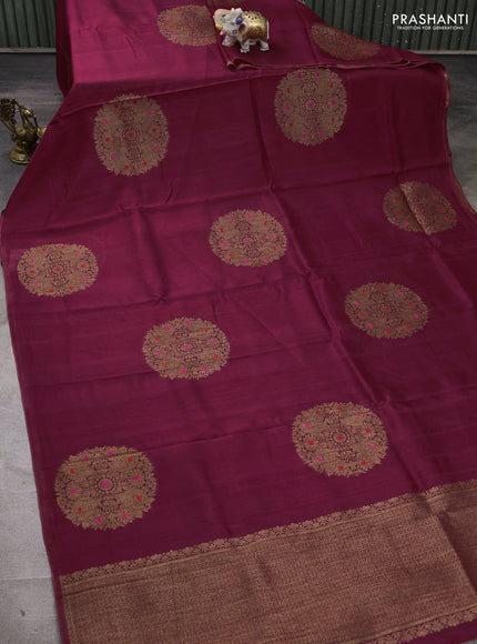 Banarasi semi tussar saree wine shade with thread & zari woven buttas in borderless style